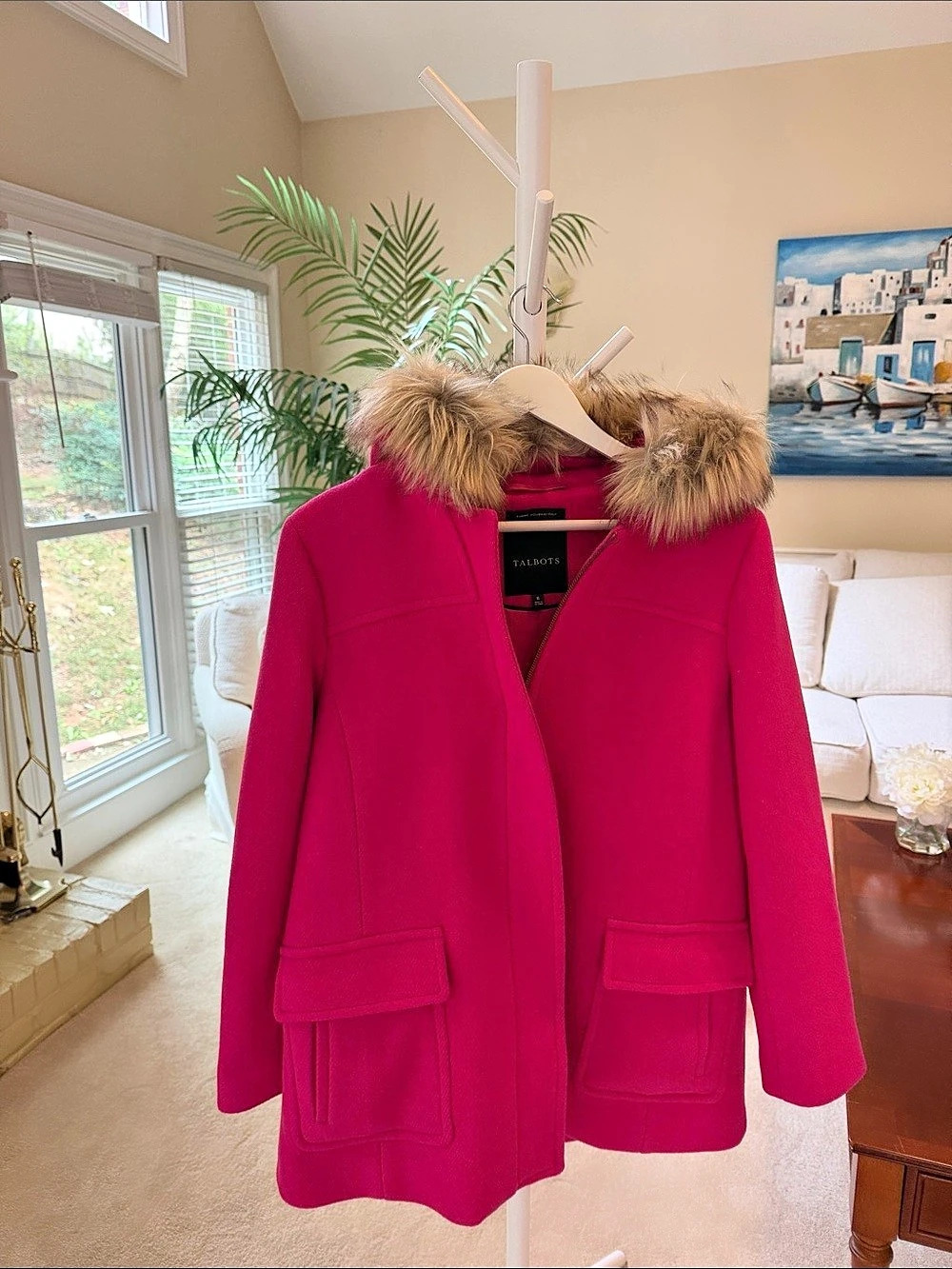 Talbots Faux Fur Trim Hooded Wool Blend Coat Pink size 8